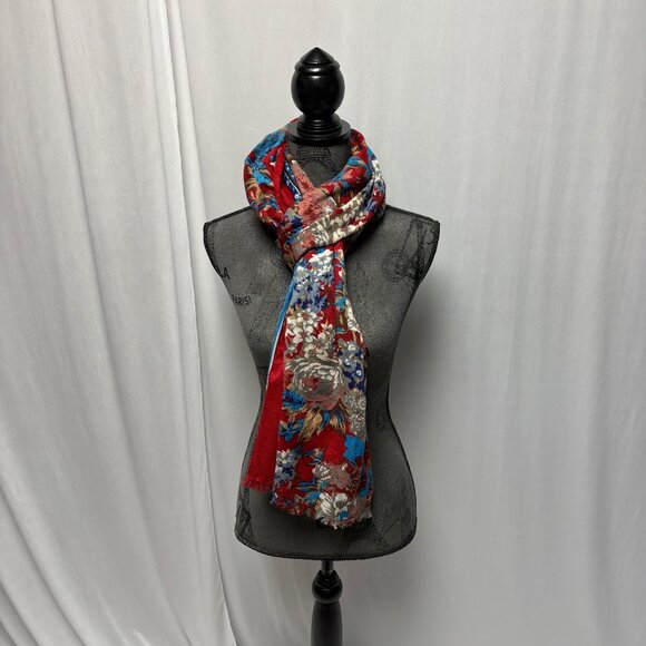 Red Blue Floral Scarf Fringed Ends Wrap Shawl Cover Up Versatile Styling - Picture 2 of 9